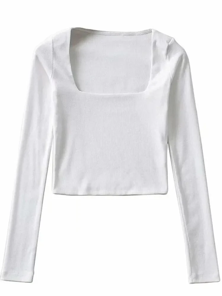 Women Long Sleeves Cotton Ribbed Square Neck Crop Top - Glova