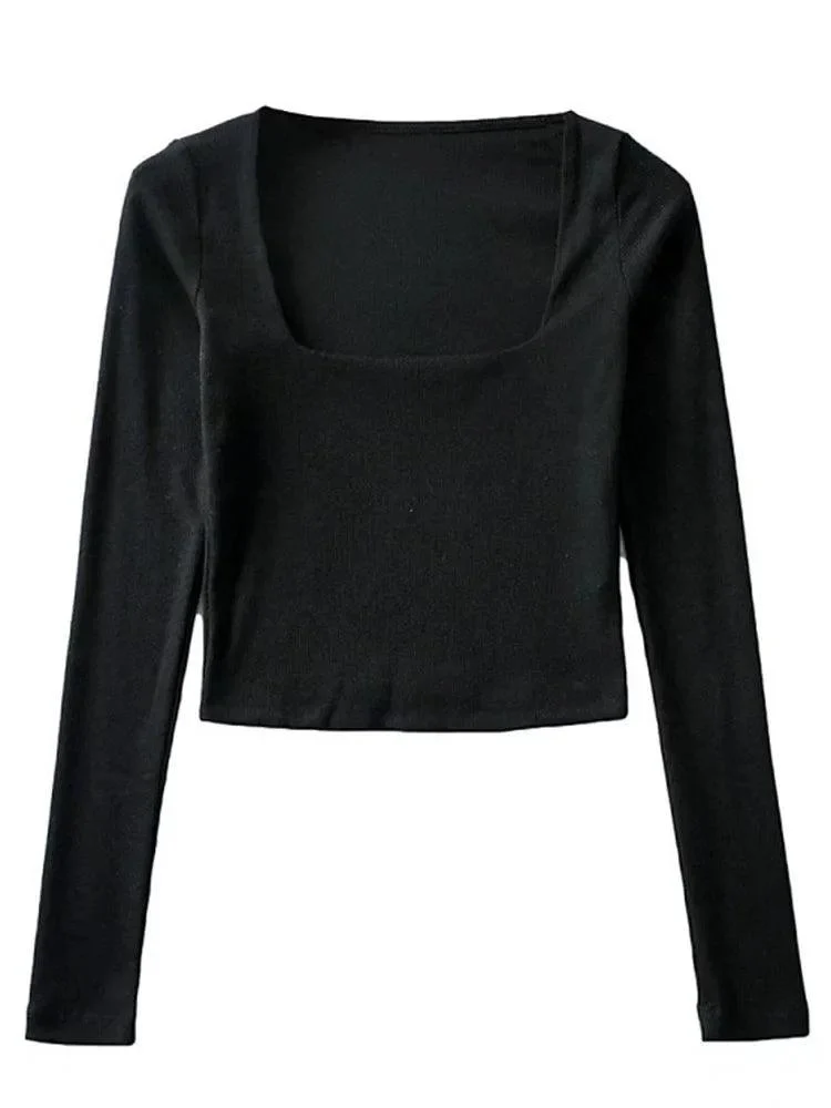 Women Long Sleeves Cotton Ribbed Square Neck Crop Top - Glova