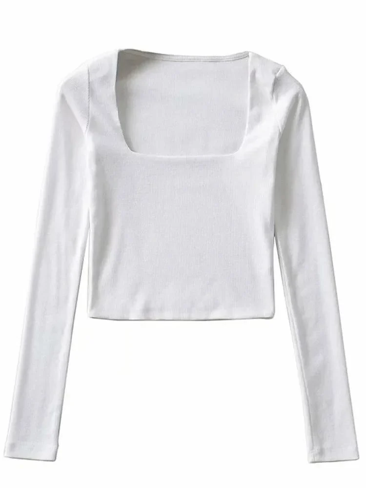 Women Long Sleeves Cotton Ribbed Square Neck Crop Top - Glova