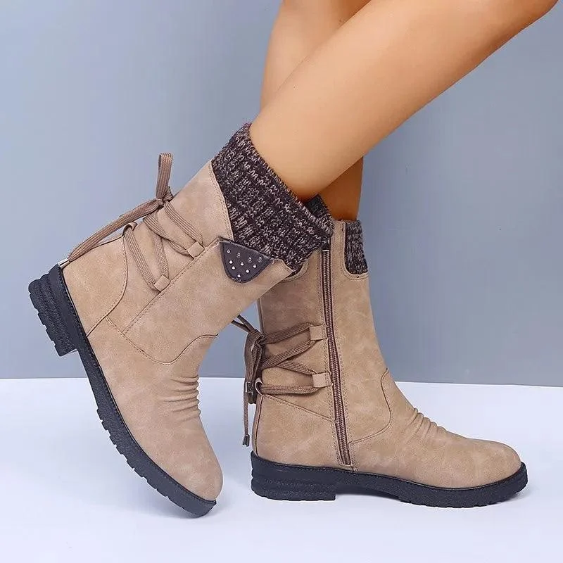 Women Mid-Calf Suede Zipper Warm Low-heeled Boots - Glova