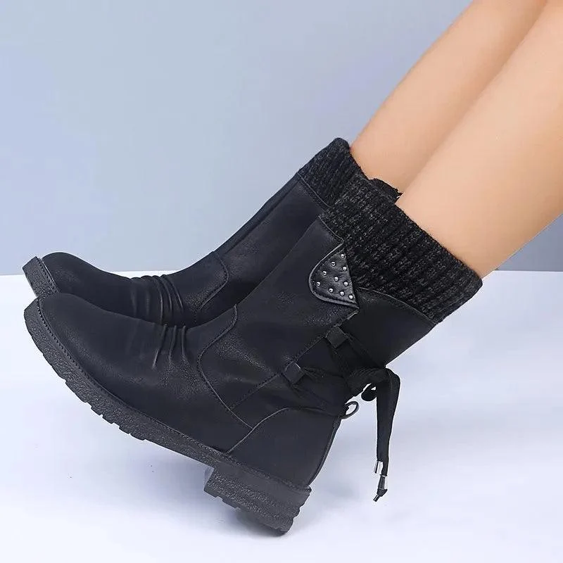 Women Mid-Calf Suede Zipper Warm Low-heeled Boots - Glova