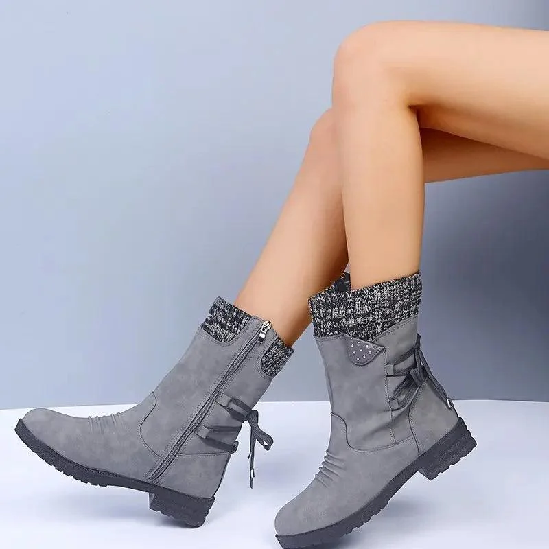 Women Mid-Calf Suede Zipper Warm Low-heeled Boots - Glova