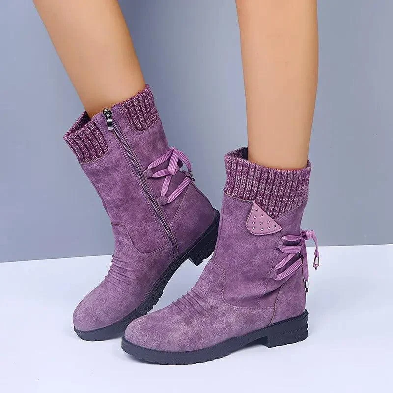 Women Mid-Calf Suede Zipper Warm Low-heeled Boots - Glova