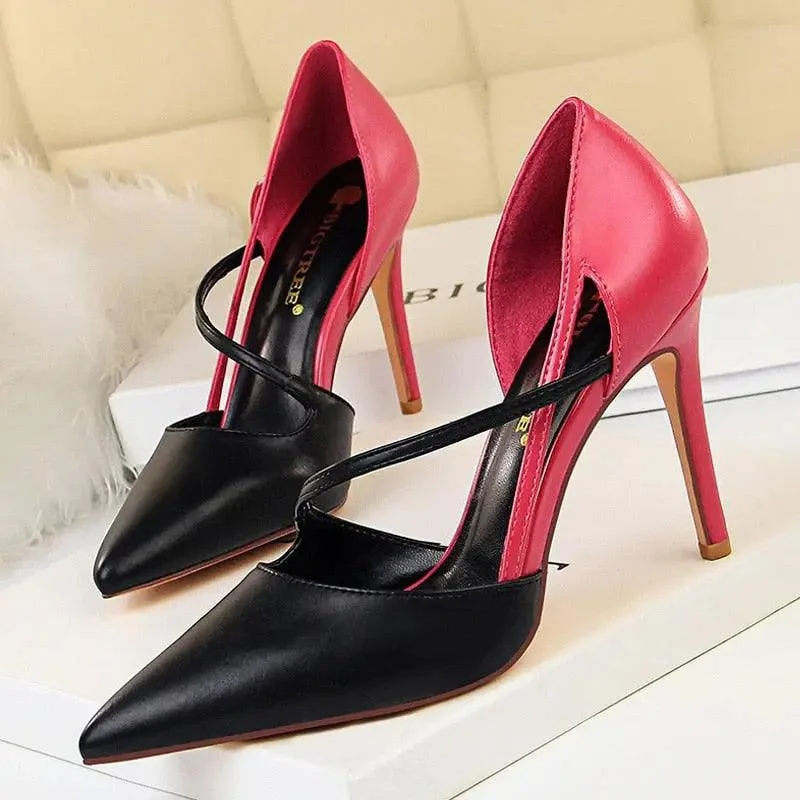 Women Mixed Color High Heels Pointed Toe Pump Shoes - Glova