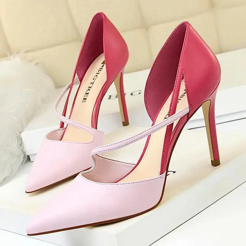 Women Mixed Color High Heels Pointed Toe Pump Shoes - Glova