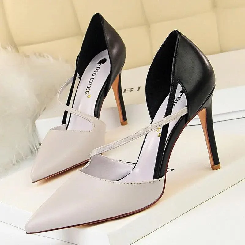 Women Mixed Color High Heels Pointed Toe Pump Shoes - Glova