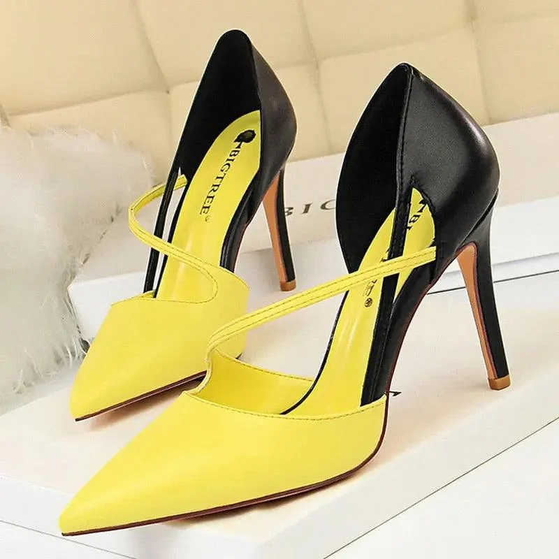 Women Mixed Color High Heels Pointed Toe Pump Shoes - Glova