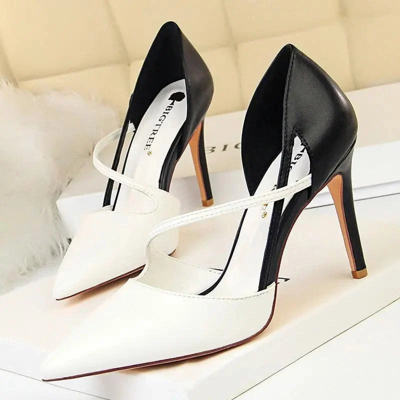 Women Mixed Color High Heels Pointed Toe Pump Shoes - Glova