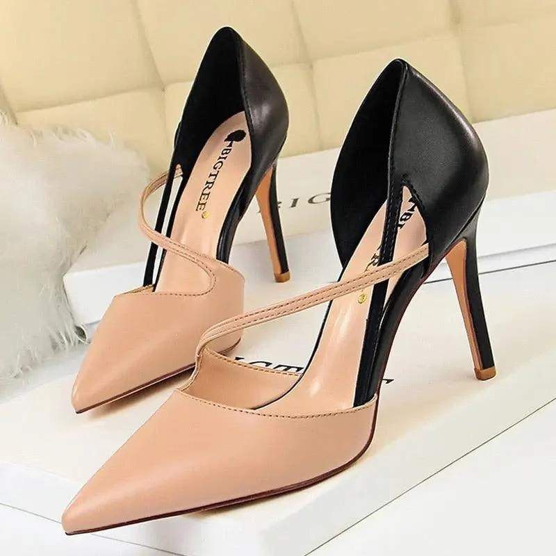 Women Mixed Color High Heels Pointed Toe Pump Shoes - Glova