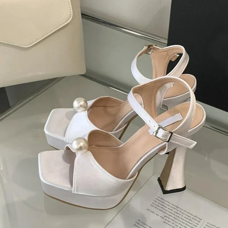 Women Pearl Design Square Toe Super High Heels Platform Shoes - Glova