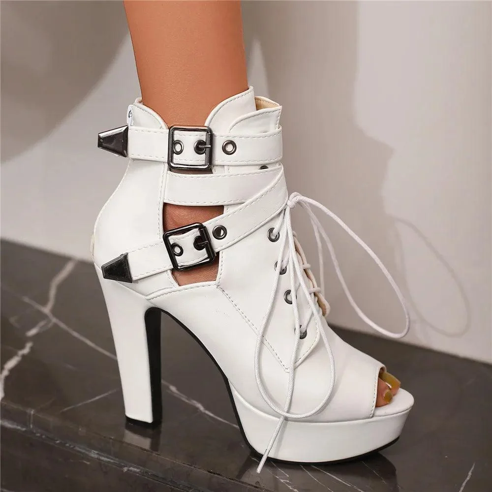 Women Peep Toe Platform Lace Up High Heels Ankle Boots - Glova