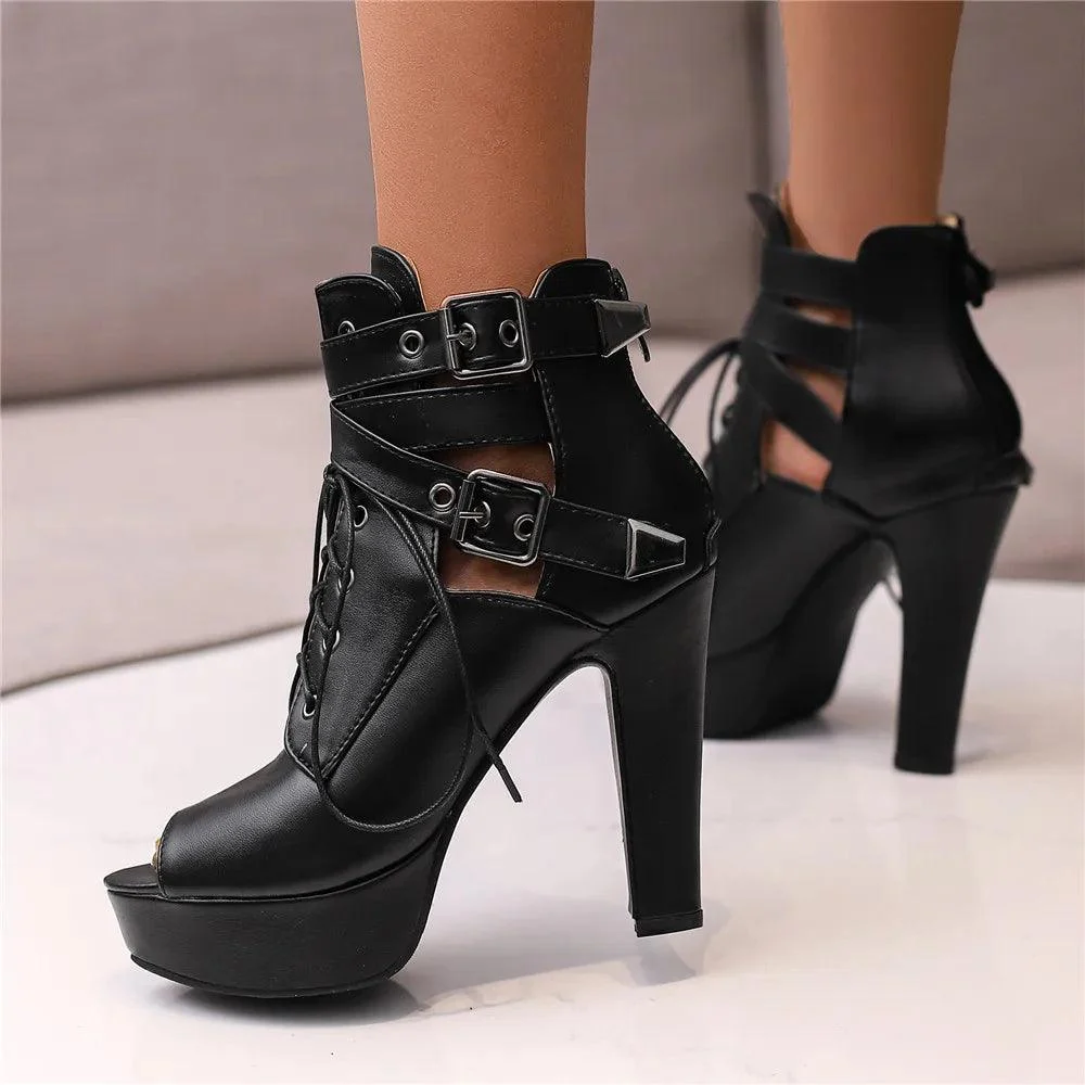 Women Peep Toe Platform Lace Up High Heels Ankle Boots - Glova