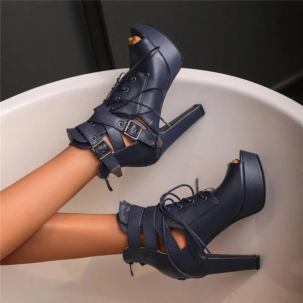 Women Peep Toe Platform Lace Up High Heels Ankle Boots - Glova