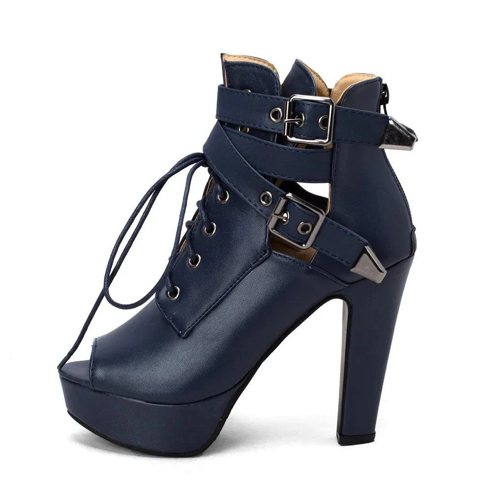 Women Peep Toe Platform Lace Up High Heels Ankle Boots - Glova