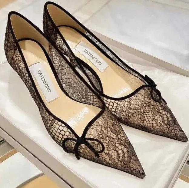 Women Pointed Lace Bow Mesh Banquet Dress Shoes - Glova