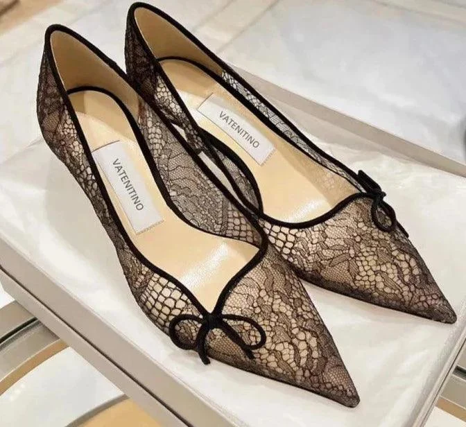 Women Pointed Lace Bow Mesh Banquet Dress Shoes - Glova