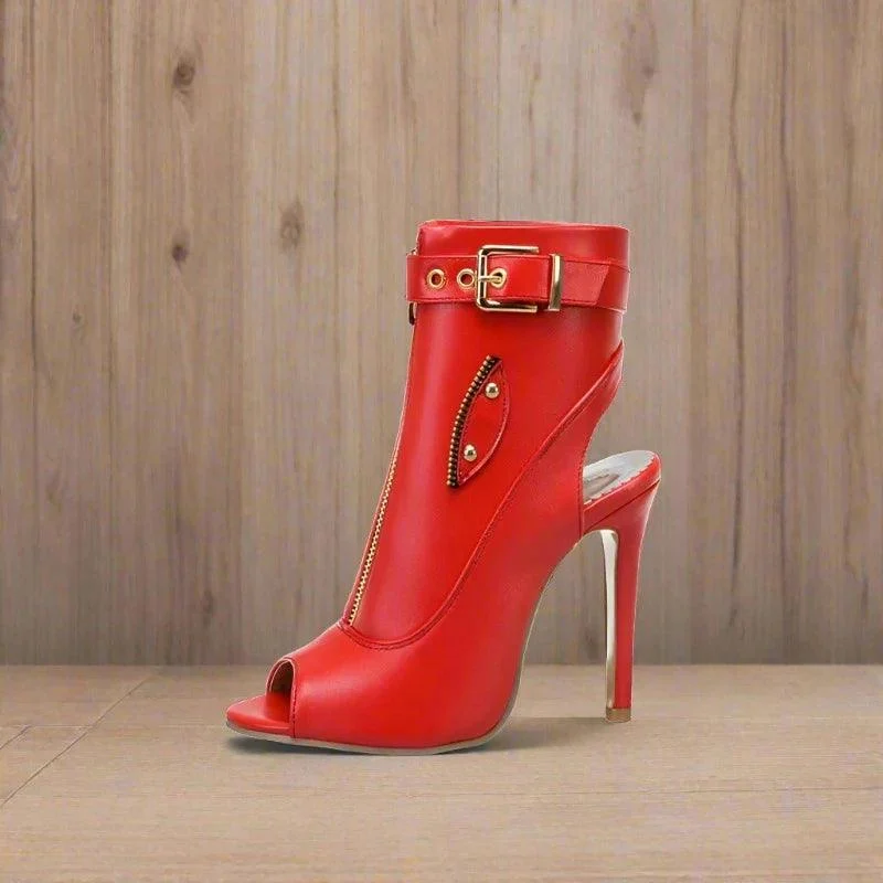 Women PU Leather Open Toe Buckle High Heels Ankle Boots - Glova