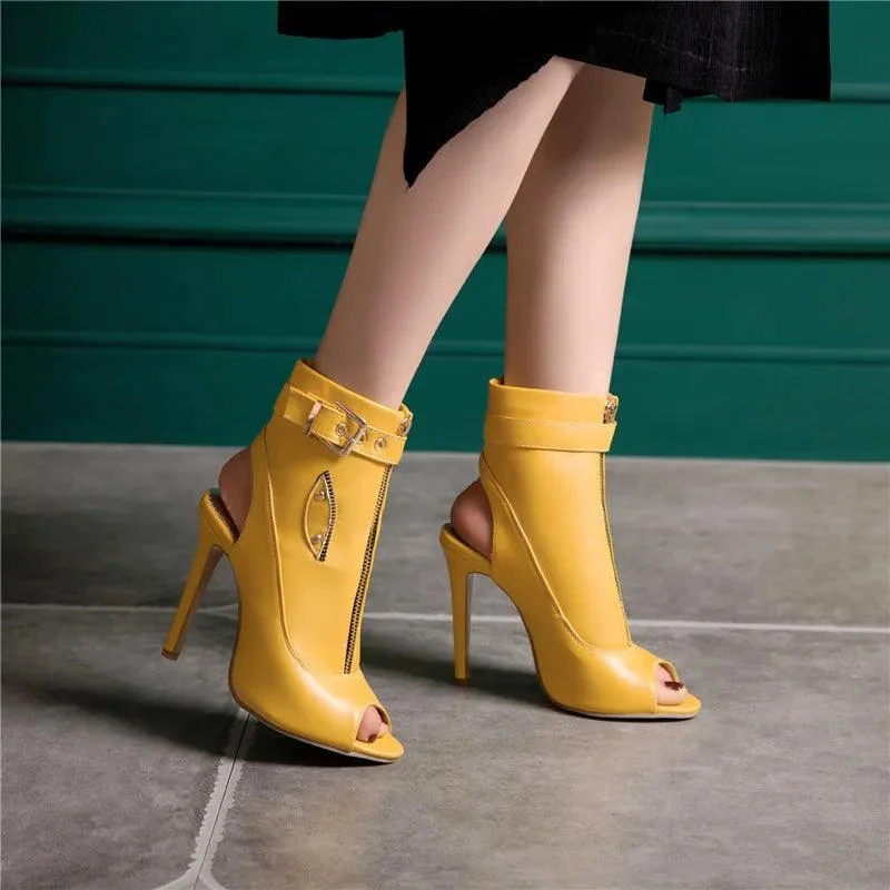 Women PU Leather Open Toe Buckle High Heels Ankle Boots - Glova