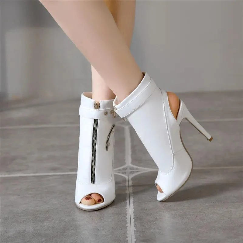 Women PU Leather Open Toe Buckle High Heels Ankle Boots - Glova