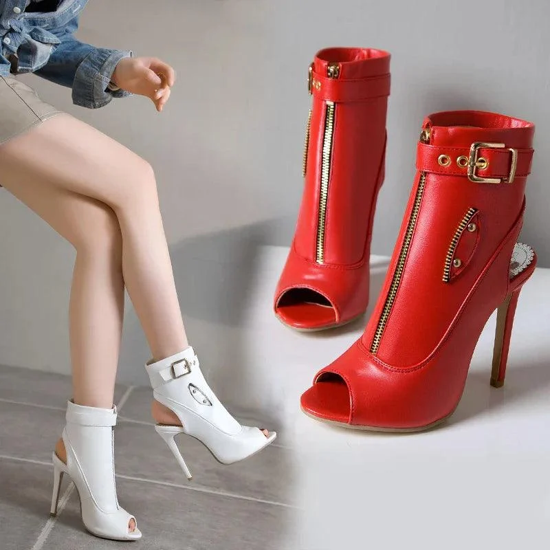 Women PU Leather Open Toe Buckle High Heels Ankle Boots - Glova