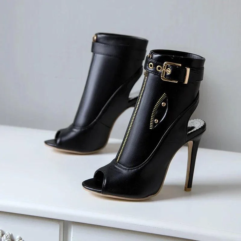 Women PU Leather Open Toe Buckle High Heels Ankle Boots - Glova