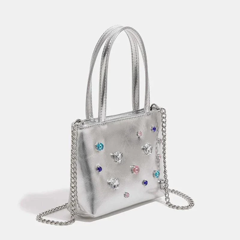 Women Pu Leather Rhinestones Shoulder Bag With Chain - Glova