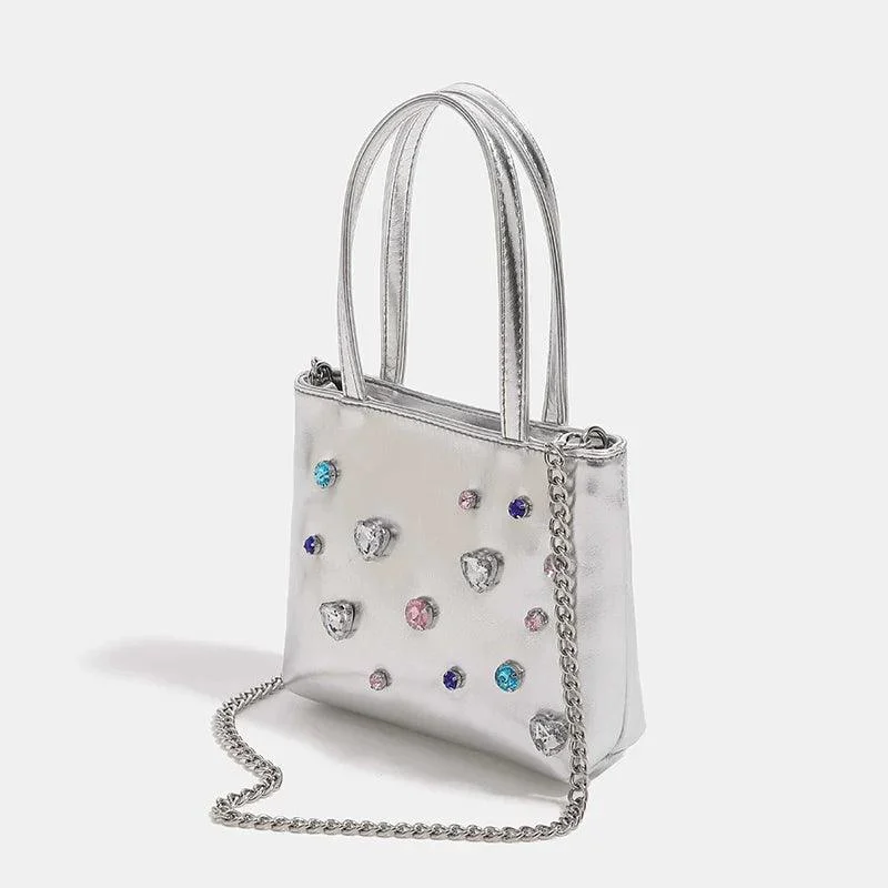 Women Pu Leather Rhinestones Shoulder Bag With Chain - Glova