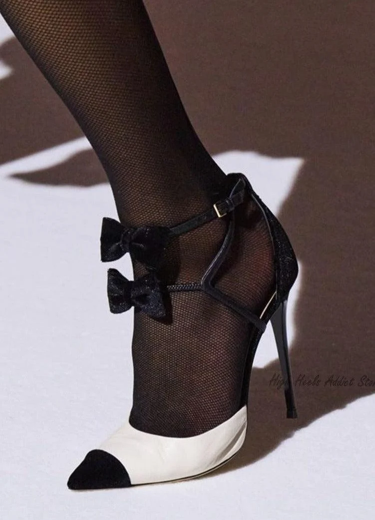 Women's Bow Pointed Toe Ankle Strap Pumps High Heels Shoes - Glova