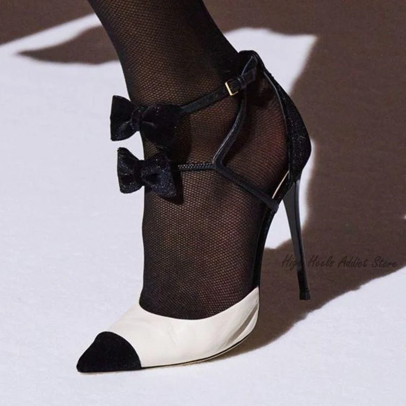 Women's Bow Pointed Toe Ankle Strap Pumps High Heels Shoes - Glova