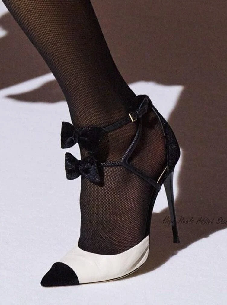 Women's Bow Pointed Toe Ankle Strap Pumps High Heels Shoes - Glova