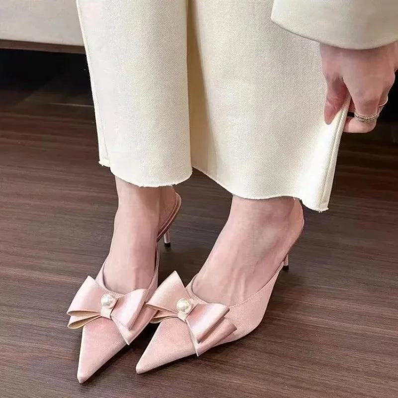 Women's Bowknot Design Pointed Toe Solid Color Low Heeled Shoes - Glova