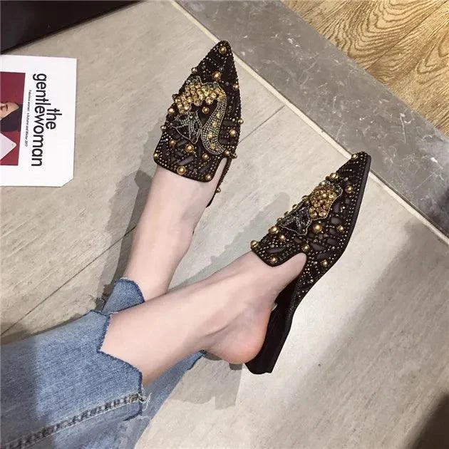 Women's Flat Pointed Toe Closed Loafers Mules Metal Shoes - Glova