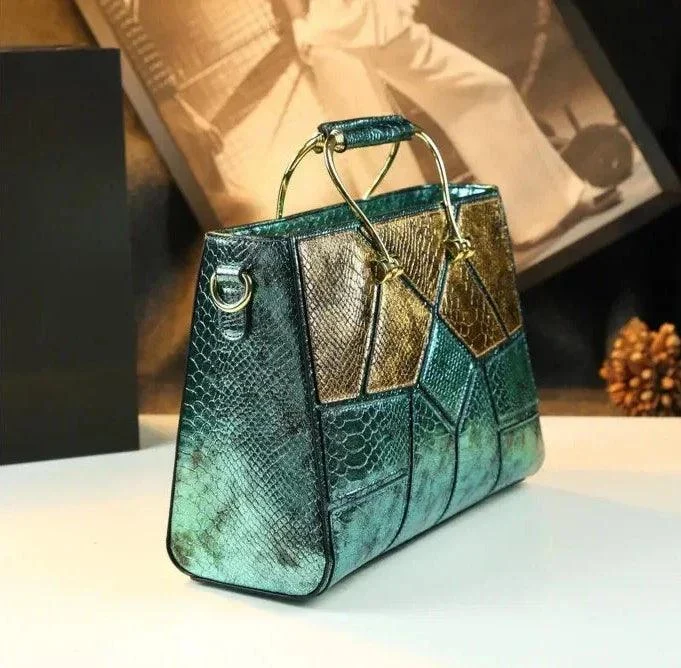 Women's Geometric Pattern Leather Short Handle Handbag - Glova