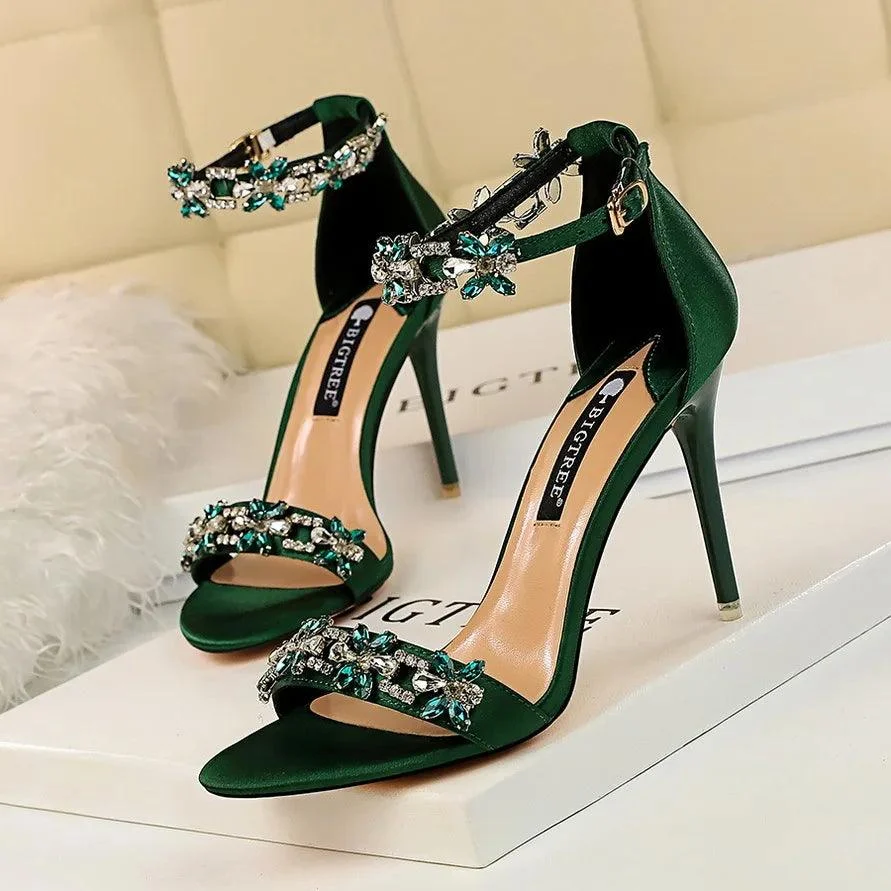 Women's Stiletto High-heeled Satin Open Toe Rhinestone Sandals - Glova