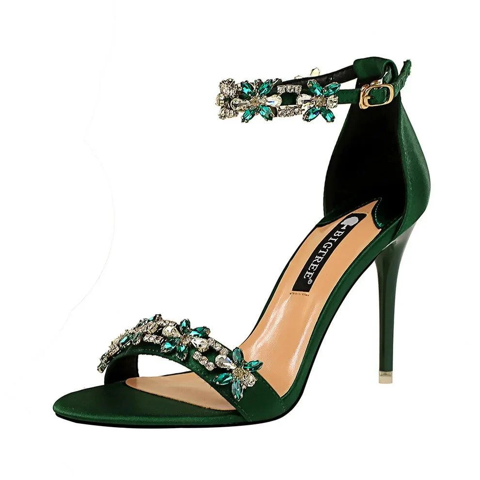 Women's Stiletto High-heeled Satin Open Toe Rhinestone Sandals - Glova