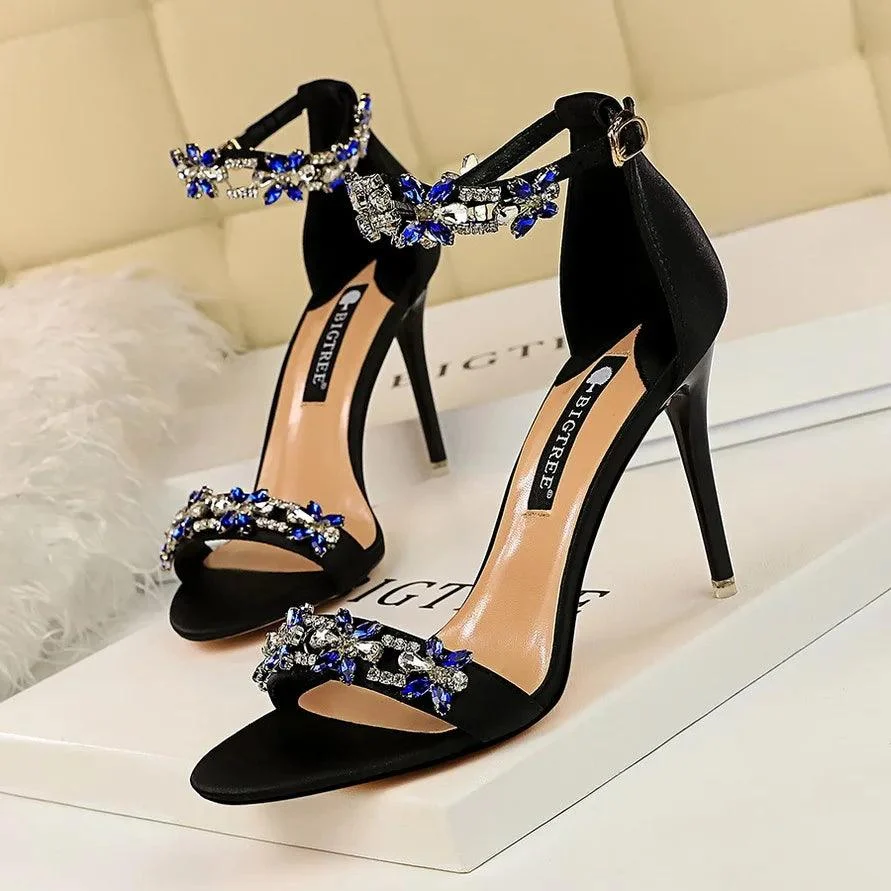 Women's Stiletto High-heeled Satin Open Toe Rhinestone Sandals - Glova