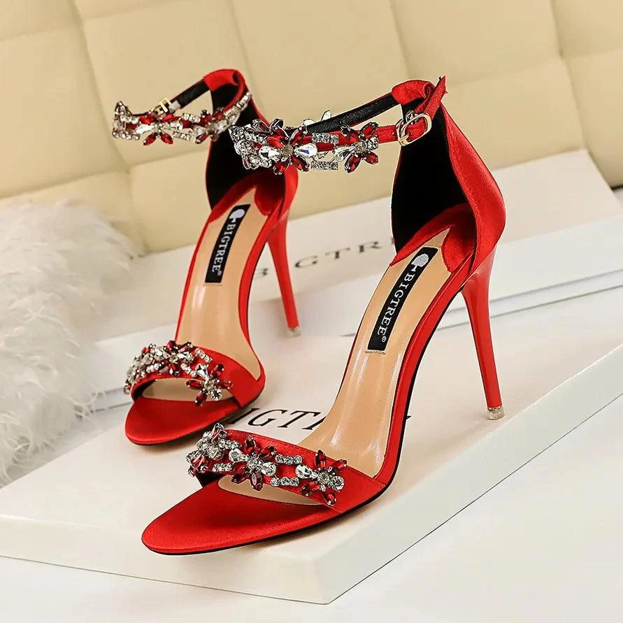 Women's Stiletto High-heeled Satin Open Toe Rhinestone Sandals - Glova