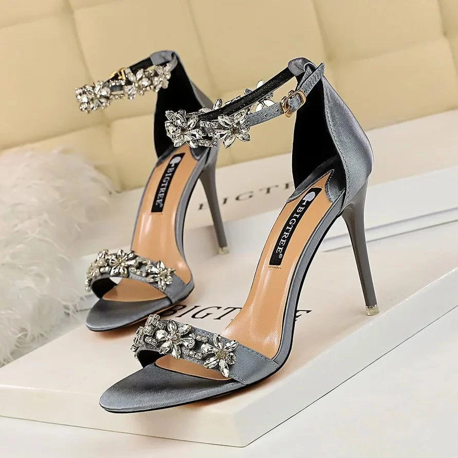 Women's Stiletto High-heeled Satin Open Toe Rhinestone Sandals - Glova