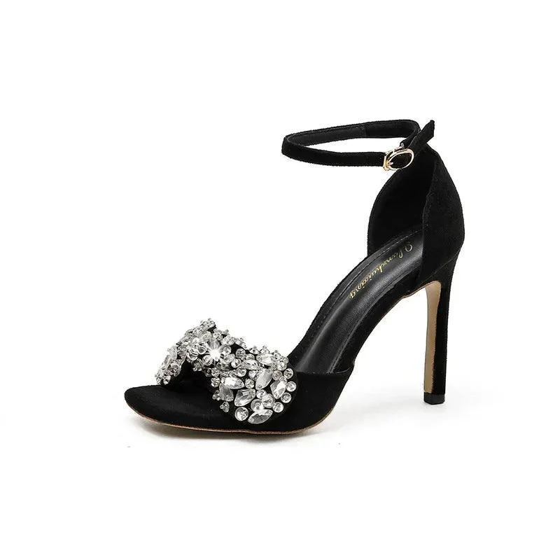 Women's Stiletto Thin Heels Ankle Strap Suede Crystal Shoes - Glova