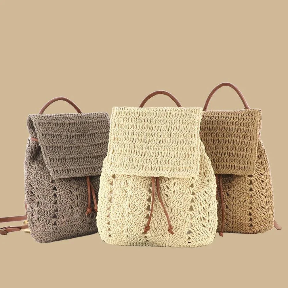 Women's Straw Hollow Hobo Crochet Knitted Backpack - Glova