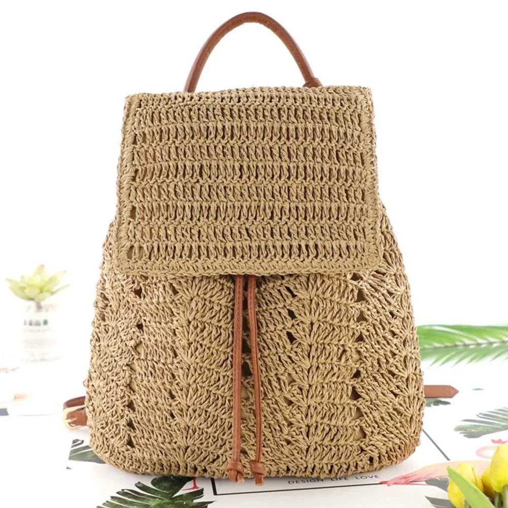 Women's Straw Hollow Hobo Crochet Knitted Backpack - Glova