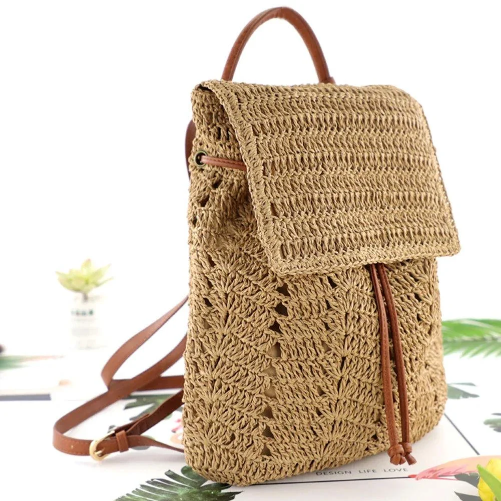 Women's Straw Hollow Hobo Crochet Knitted Backpack - Glova