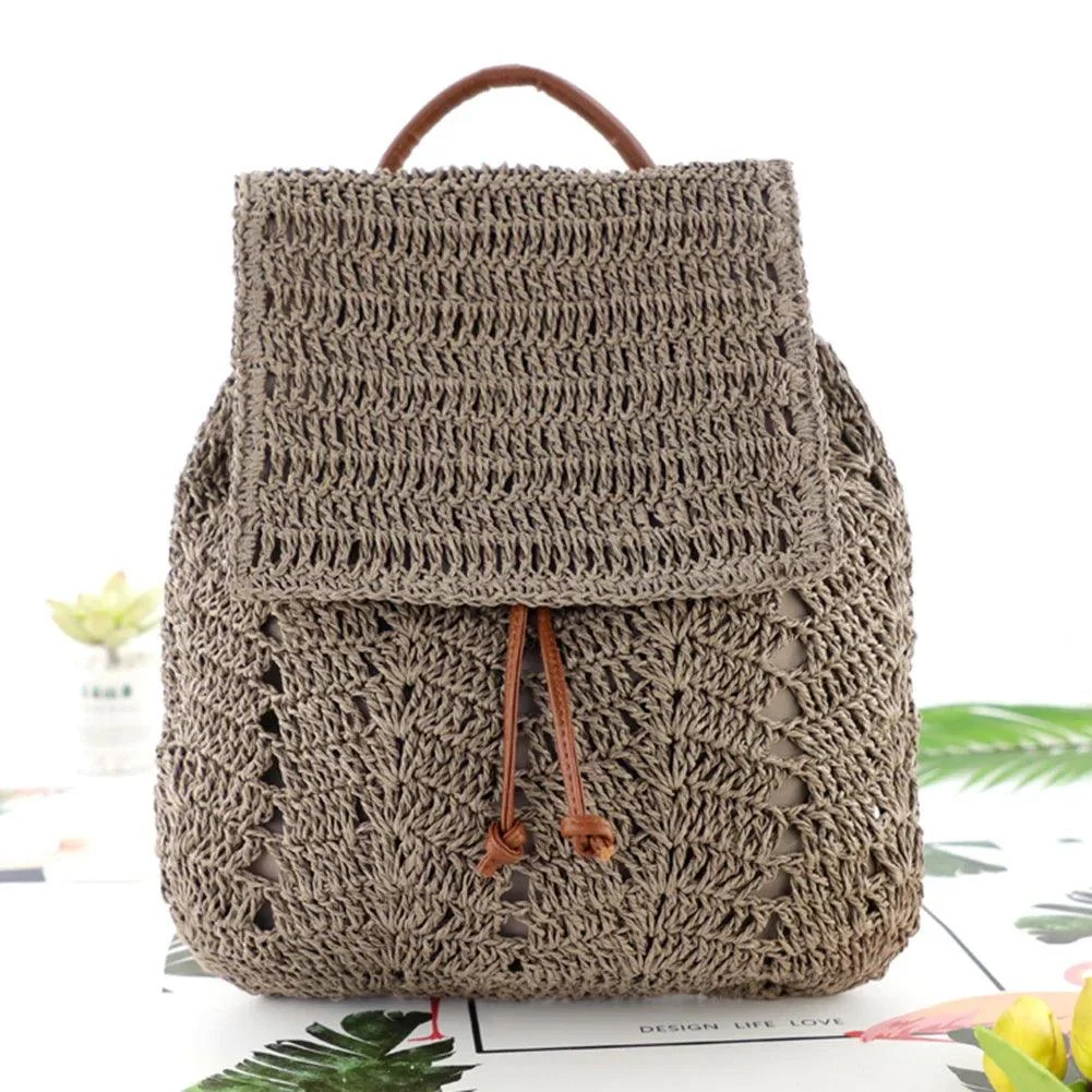 Women's Straw Hollow Hobo Crochet Knitted Backpack - Glova