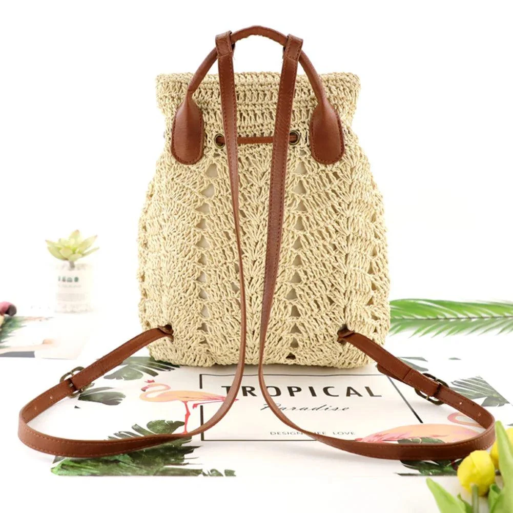 Women's Straw Hollow Hobo Crochet Knitted Backpack - Glova