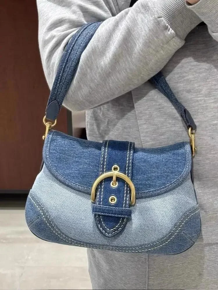 Women's Texture Spliced Denim Handbag - Glova