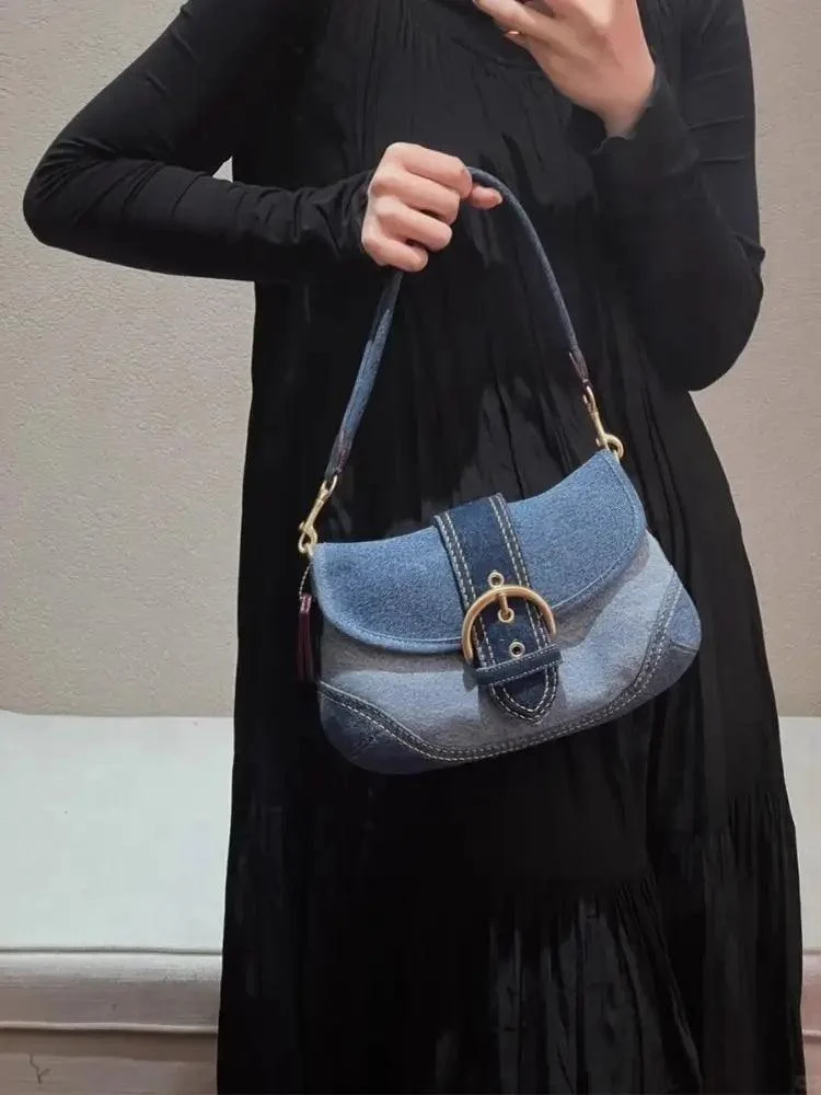 Women's Texture Spliced Denim Handbag - Glova