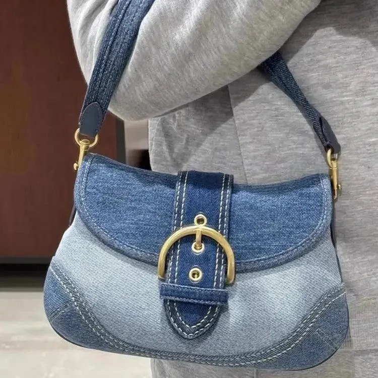 Women's Texture Spliced Denim Handbag - Glova