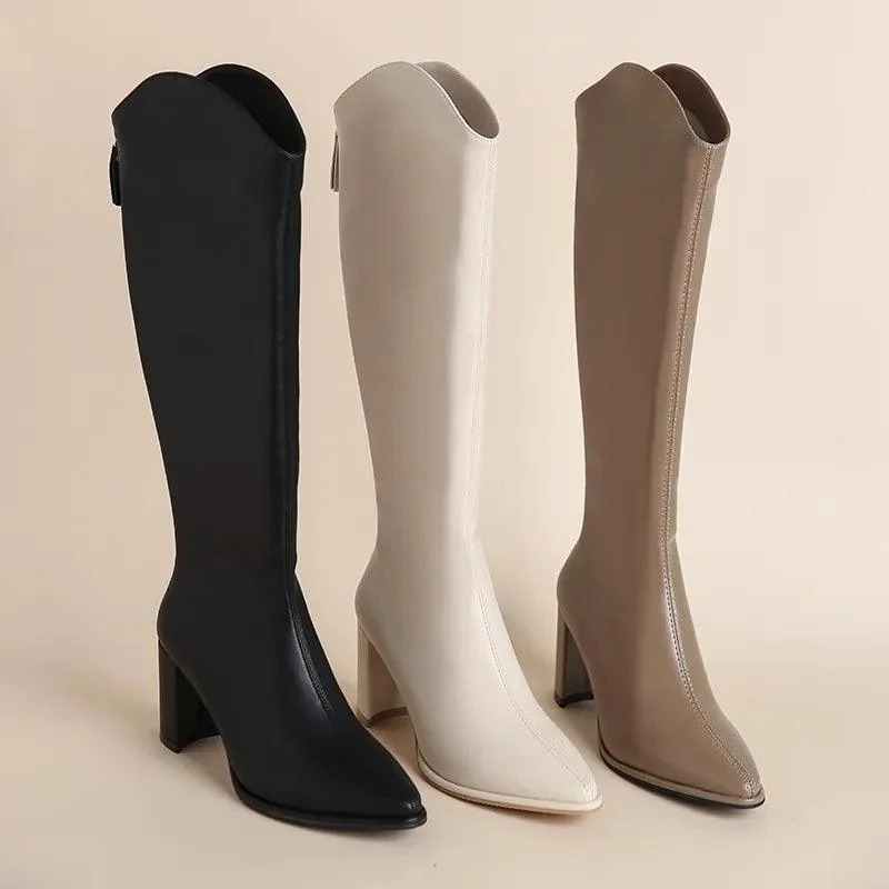 Women's Zipper Thick High Heels Knee High Boots - Glova