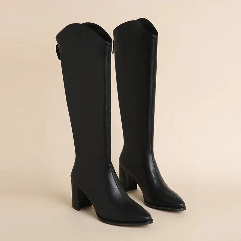 Women's Zipper Thick High Heels Knee High Boots - Glova