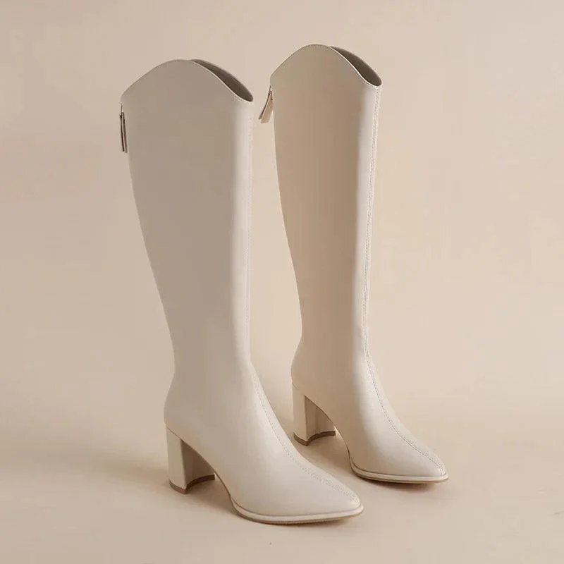 Women's Zipper Thick High Heels Knee High Boots - Glova